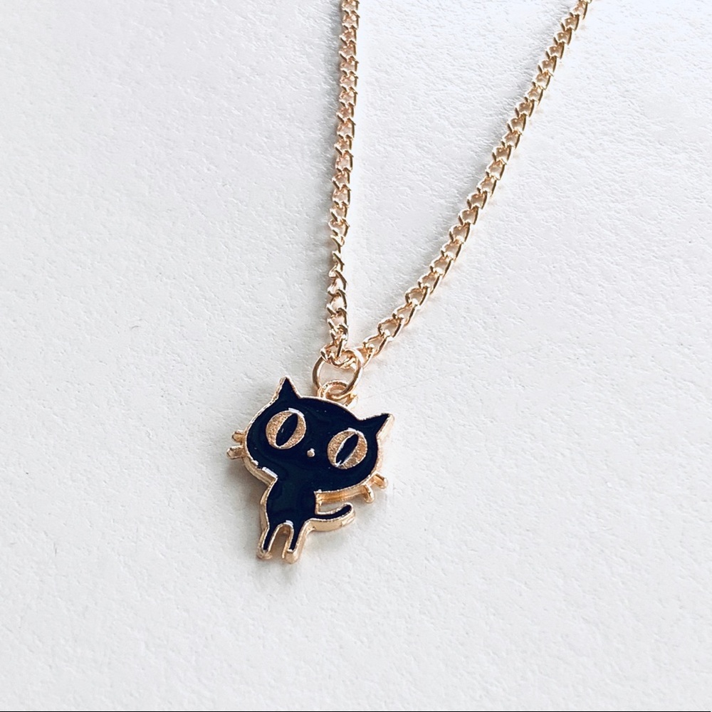 NEW Black Kitty Cat Necklace Gold